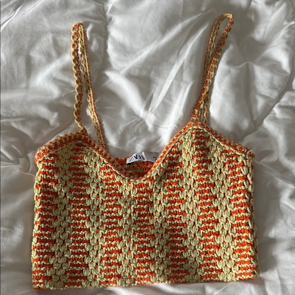 Zara Women’s Orange and Green/yellow knit tank top- Small